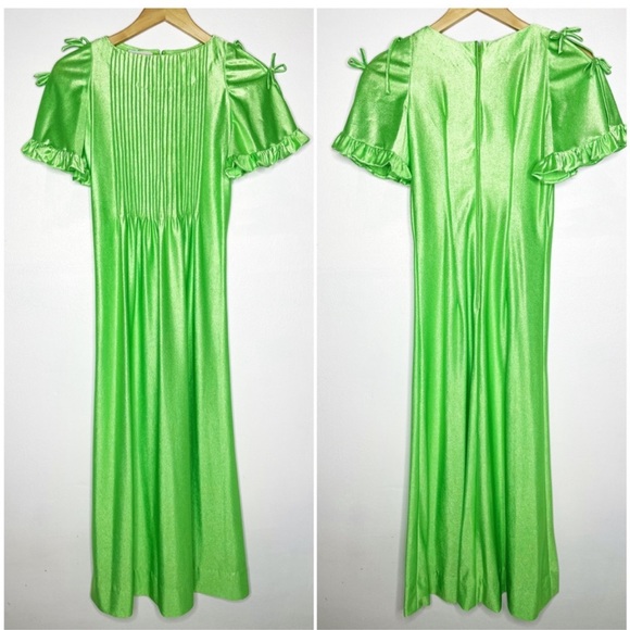 Vintage 1970s 70s Handmade Neon Green Pintucked Short Sleeve Qiana Maxi Dress - Picture 3 of 16